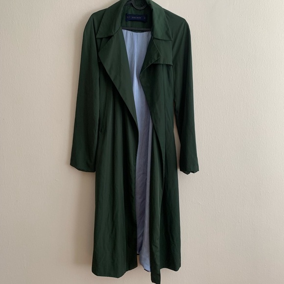 ZARA Basic Silky Flowing Trench Coat~Dark Green ~ Blue Stripped Lining - Size XS - Picture 6 of 12